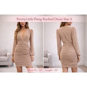 PrettyLittleThing Stone Mesh Ruched Balloon Sleeve Bodycon Dress NWT Size 4 S